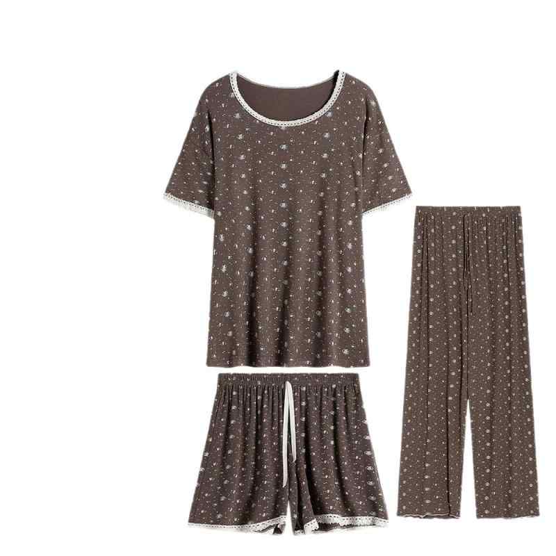 パジャマ レディース モダール ルームウェア 上下セット 半袖 長ズボン レース 花柄 プリント 韓国風 ..