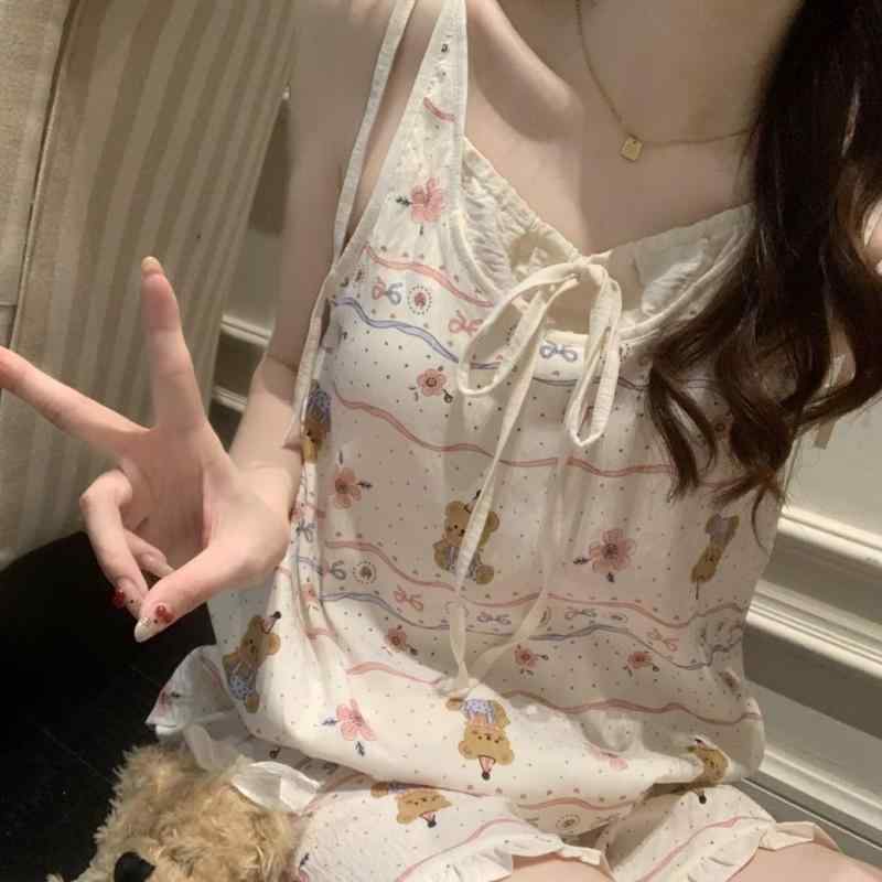 パジャマ レディース 春夏 韓国風 かわいい 小熊柄 プリント カップ付き セクシー キャミソール ルーム..