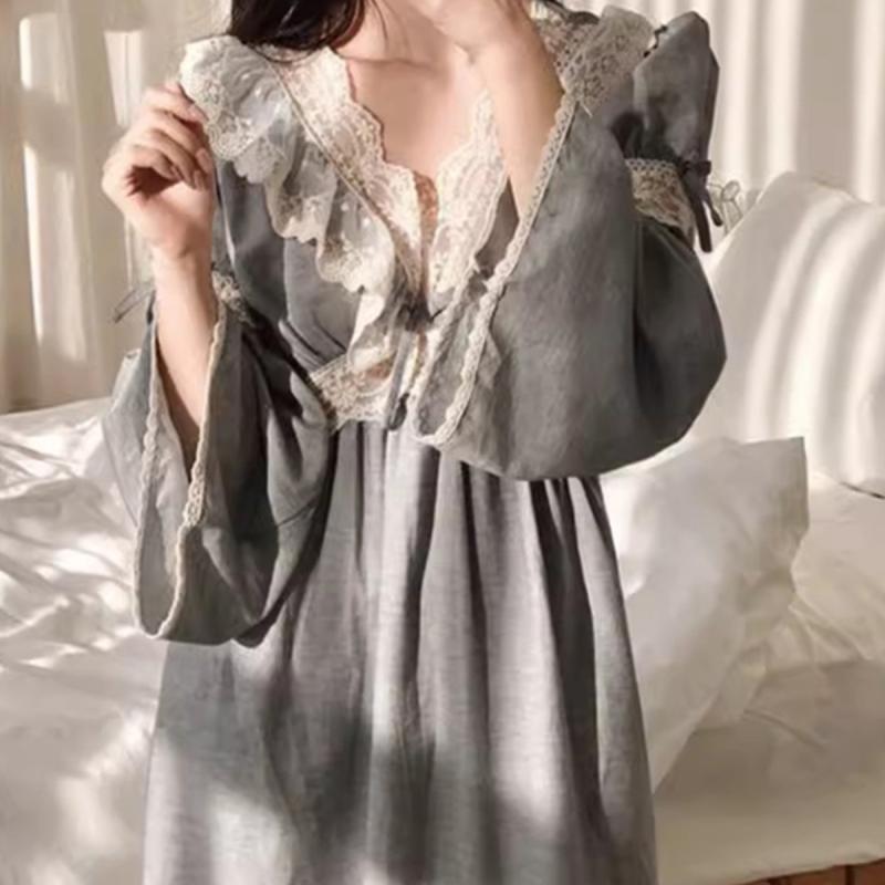 ワンピース レディース 春夏 パジャマ 長袖 Vネック かわいい プリンセス風 薄手 ルームウェア 部屋着 ..