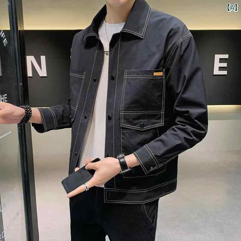 ジャケット メンズ 男性用 スプリングコート 韓国風 スリム ワークシャツ トップス 長袖 襟付き 無地 黒 ブラック 緑 グリーン ポリエステル 春 秋