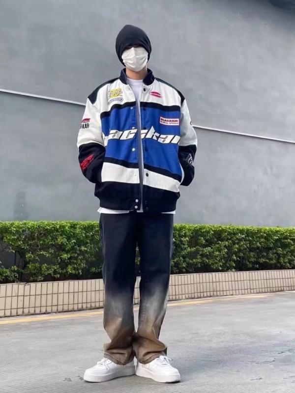 ジャケット メンズ 男性用 ストリート カジュアル 韓国風 おしゃれ 刺繍 秋冬 アウター 赤色 青色 ポリ..