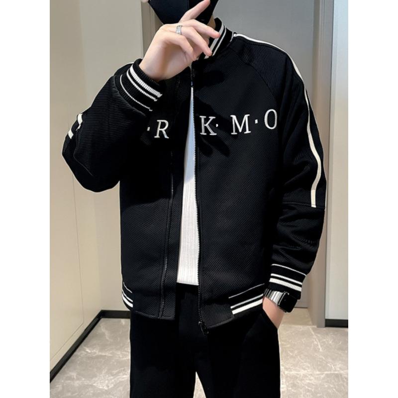 ジャケット 男性用 ブルゾン 高級感 切り替え 刺繍入り 野球 アウター 長袖 トップス 秋冬 ブラック グ..