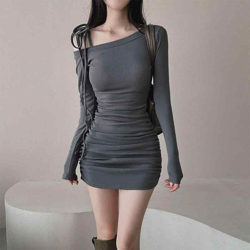 ワンピース レディース 春夏 斜めネック 長袖 ミニ丈 胸パッド付き 無地 シャーリング ハイウエスト セ..