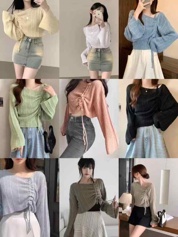 ニット レディース 春秋 長袖 一字肩 トップス カットソー 2点セット 薄手 ストライプ 杏色 ホワイト ..