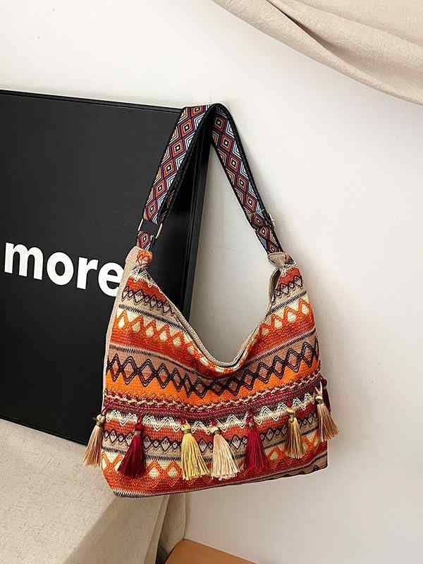 トートバッグ レディース 斜めがけ ショルダーバッグ キャンバス 民族風 フリンジ 旅行用 オレンジ色 ..