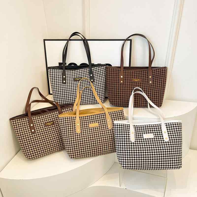 トートバッグ レディース 大容量 千鳥格子柄 キャンバス 鞄 カジュアル ショルダーバッグ 肩掛け 通勤 通学 旅行 マザーズバッグ ブラウン系