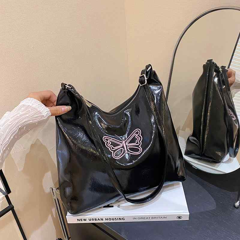 トートバッグ レディース 鞄 ショルダーバッグ 韓国風 大容量 バタフライ 刺繍 PU ブラック シルバー ..
