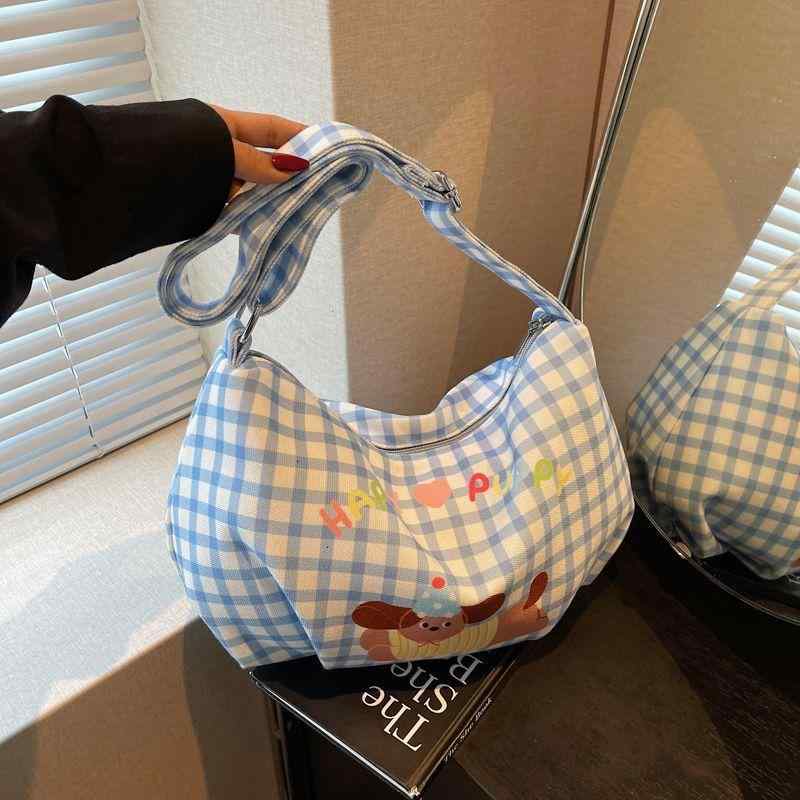 ショルダーバッグ レディース かわいい ダックスフンド 格子柄 キャンバス 斜めがけ 学生 通学 普段使..