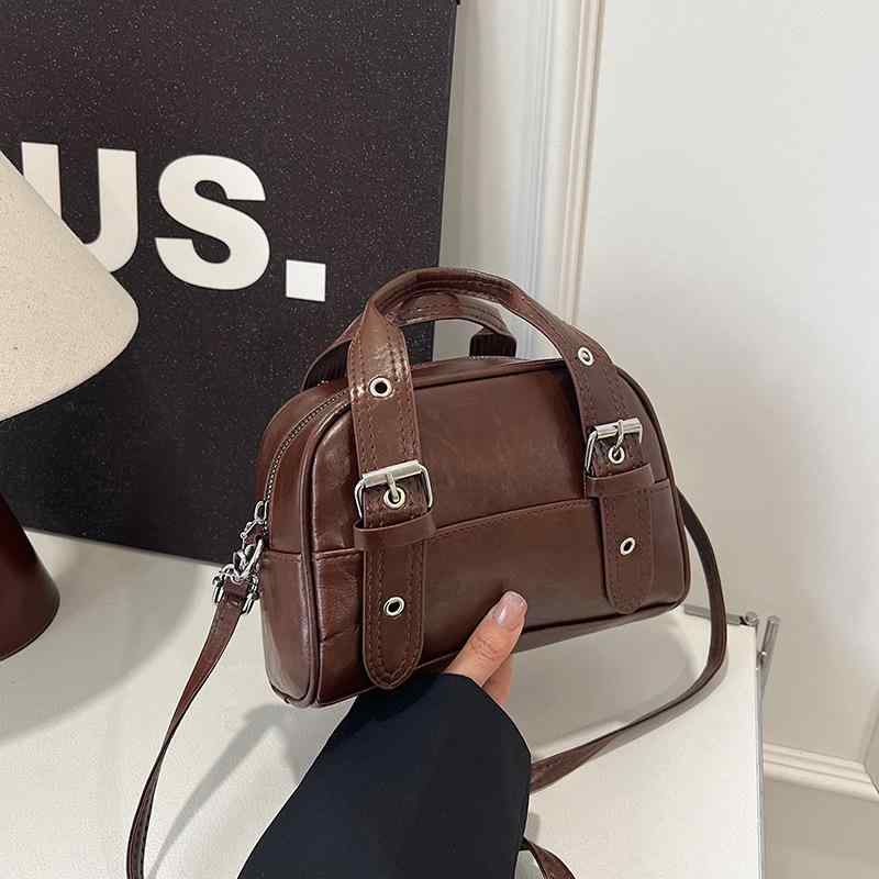 ボストンバッグ レディース ショルダーバッグ レトロ PU レザー 小さめ 通勤 普段使い ステッチ ブラッ..