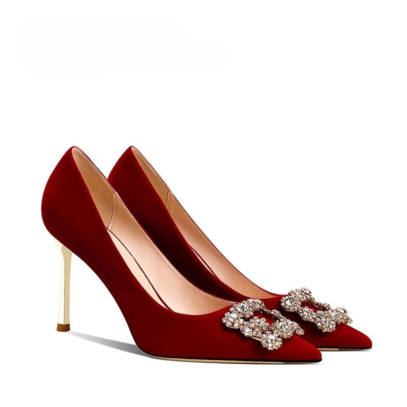 ウェディングシューズ レディース ブライダルシューズ 赤色 パンプス ラウンドトゥ ハイヒール 太めヒ..