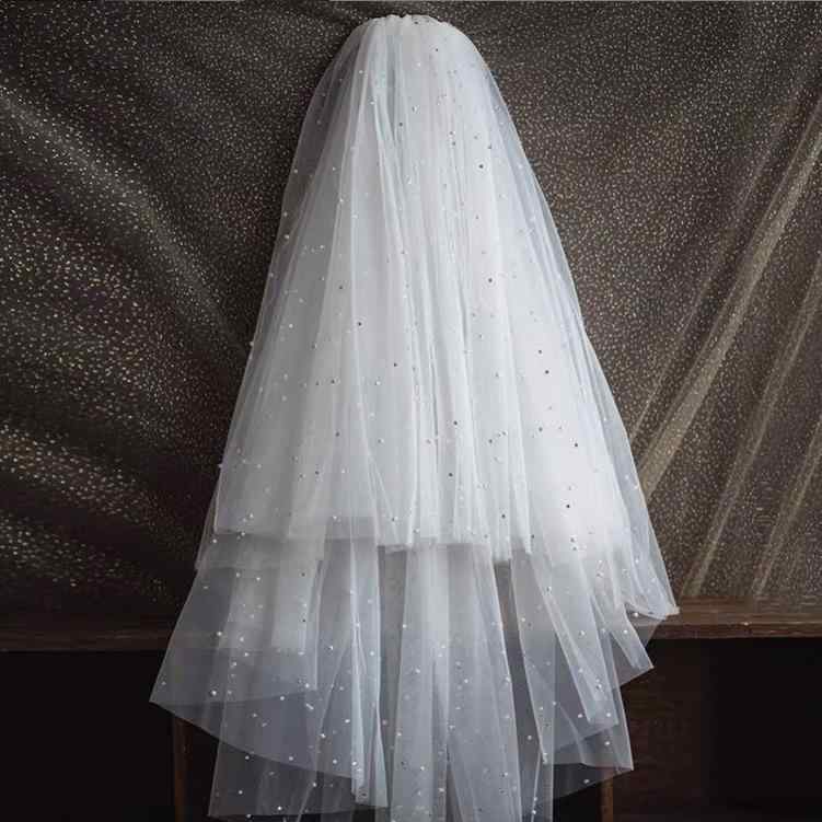 ウェディングベール レディース ブライダル ベール 結婚式 二層 パール ホワイト 短め 森ガール キラキ..