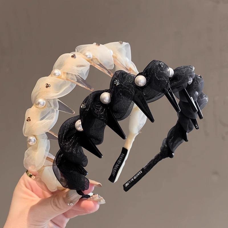 ヘアバンド レディース 雪纱 パール 滑り止め ヘアフープ 洗顔 ヘアアクセサリー ヘッドドレス ベージ..