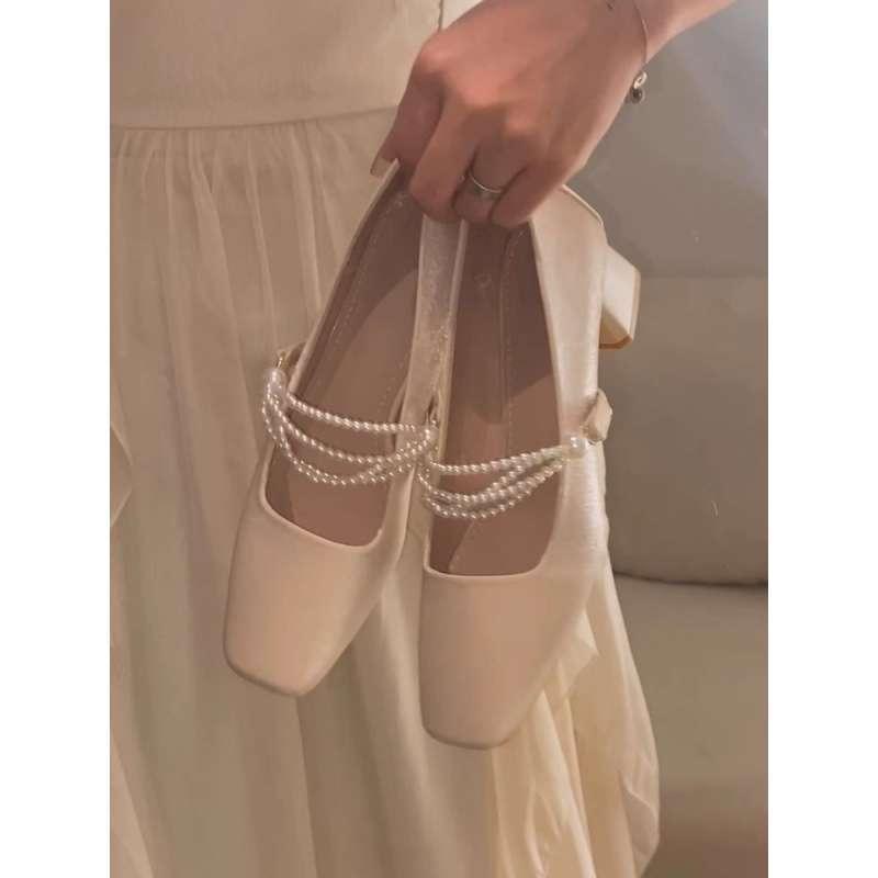 シューズ レディース ウェディング ブライダル パーティー バレエシューズ パール メリージェーン スク..