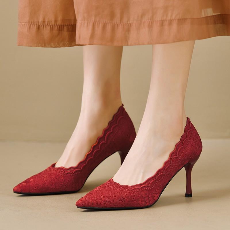 パンプス レディース レース 結婚式 シューズ ポインテッドトゥ ハイヒール ピンヒール ウェディング ..