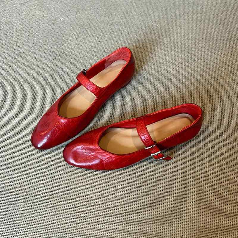 マリージェーン レディース 牛革 フラットシューズ ローヒール ラウンドトゥ 皺加工 レザー 婦人靴 レ..
