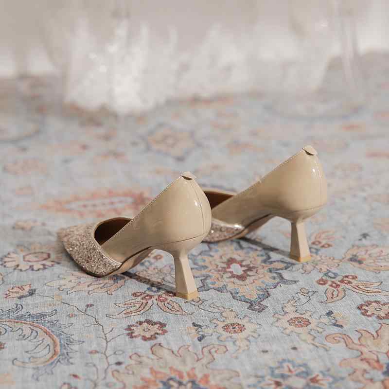 ハイヒール レディース パンプス ポインテッドトゥ スパンコール 杏色 パーティー ウェディング 二次会..