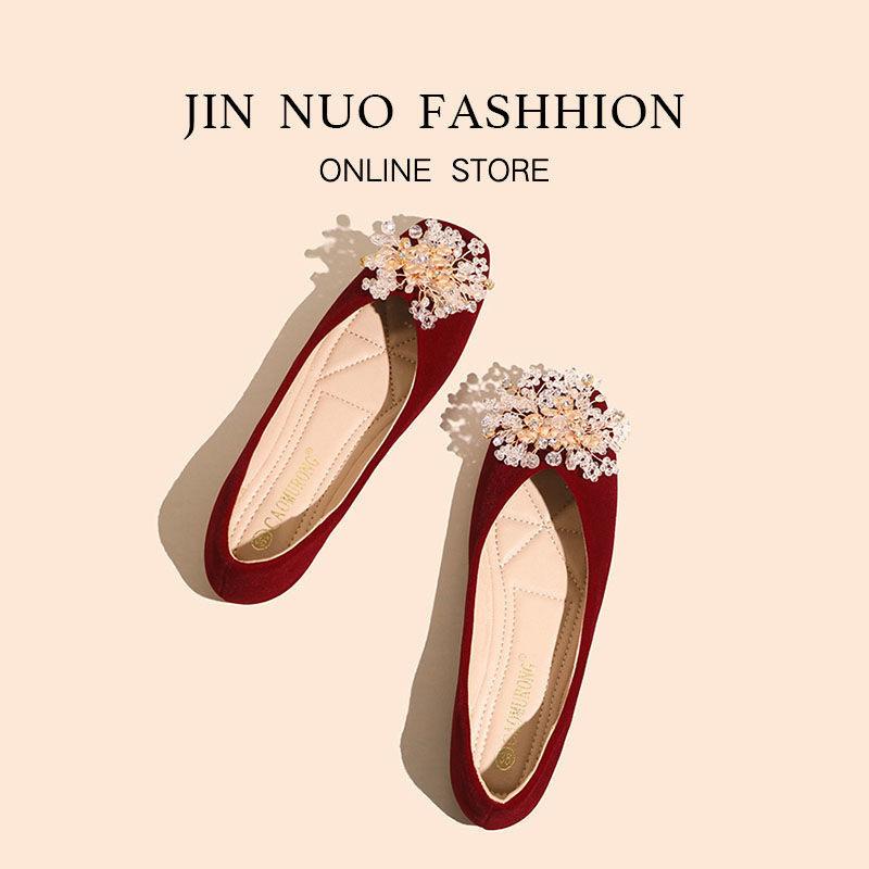 パンプス レディース フラット ローヒール スクエアトゥ スエード ぺたんこ バレエシューズ 赤 レッド ..