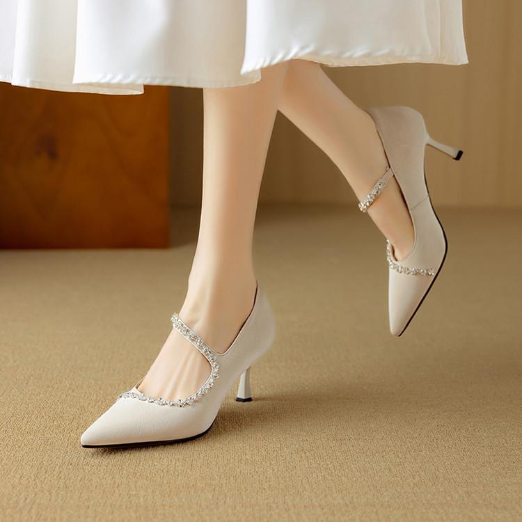 パンプス レディース ポインテッドトゥ ピンヒール ラインストーン シルク シープスキン 結婚式 パーテ..