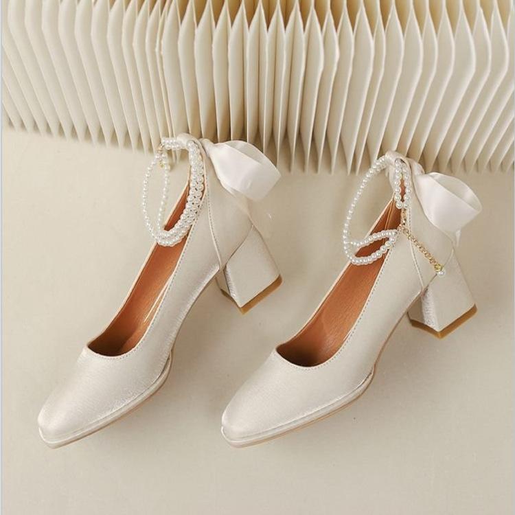 マリー ジェーン 靴 レディース パンプス スクエアトゥ ハイヒール パール ストラップ 結婚式 パーティ..