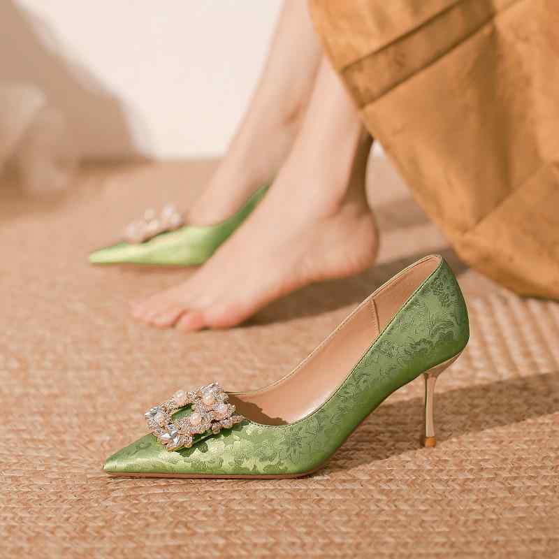 高跟パンプス レディース フォーマル 結婚式 チャイナドレス エナメル スクエアバックル ポインテッド..