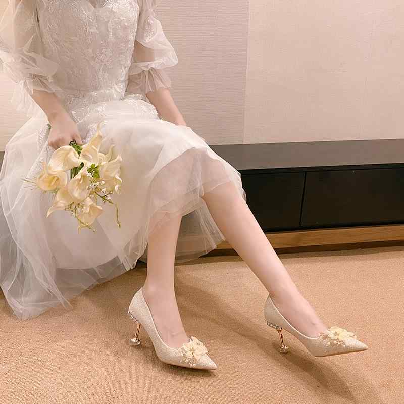 高跟パンプス レディース ポインテッドトゥ ビジュー パール 結婚式 パーティー 銀色 シャンパン エレガント かわいい フェミニン