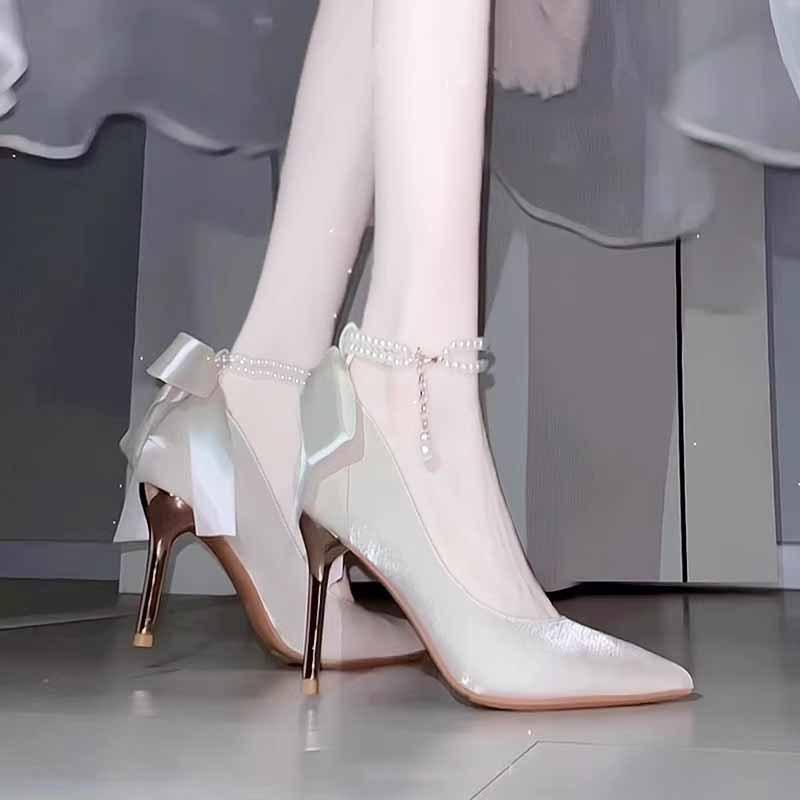 高跟靴 レディース ブライダル パンプス ポインテッドトゥ ビーズ 花柄 ピンヒール 6cm 7cm 8cm 結婚式..