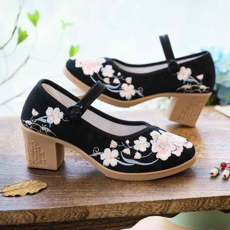パンプス レディース シューズ 靴 ラウンドトゥ ミドルヒール 太ヒール 花柄 刺繍 コットン 春夏 秋 ウ..