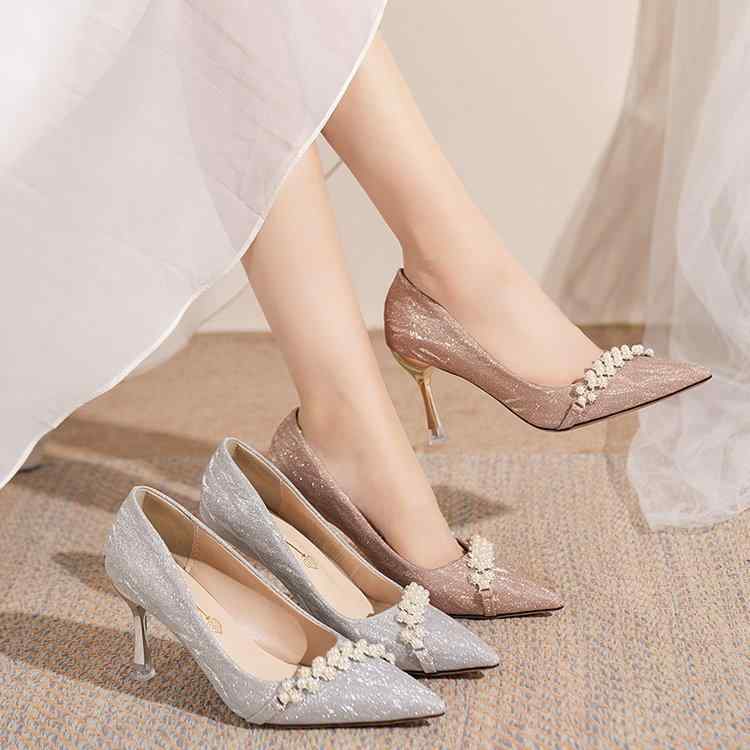 パンプス レディース ウェディングシューズ ブライダルシューズ 結婚式 靴 パール 飾り ポインテッドト..