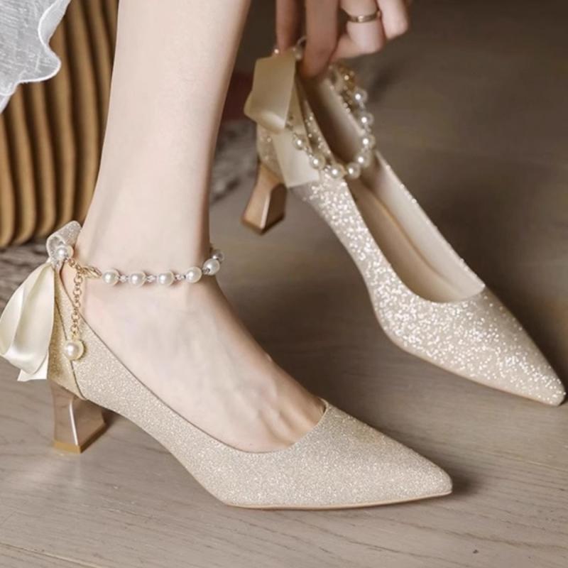 ウェディング シューズ レディース パンプス ローヒール ストラップ シャンパン ゴールド パール フラ..