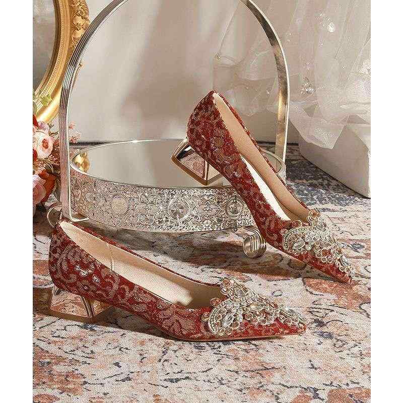 ウェディングシューズ レディース ローヒール パンプス 結婚式 花嫁 シューズ 赤 チャンキーヒール ポ..