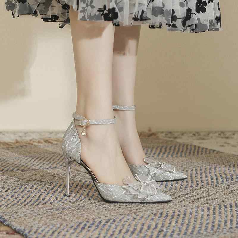 サンダル レディース 結婚式 ハイヒール パンプス ストラップ グリッター ラメ ポインテッドトゥ ピン..