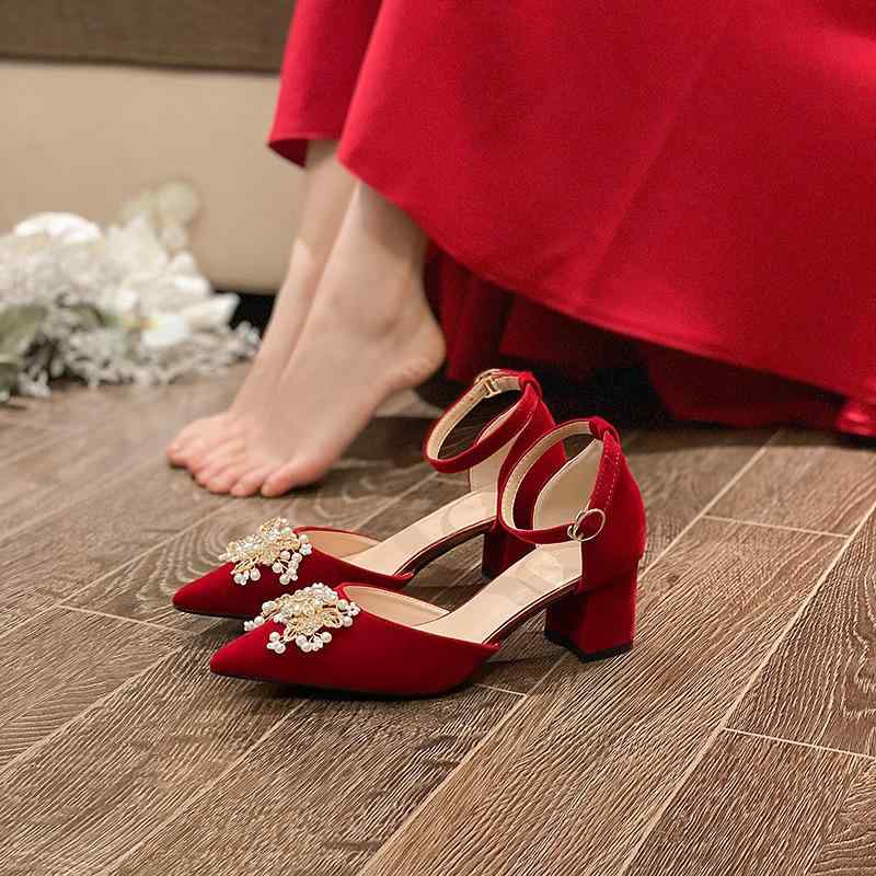 ウェディング シューズ レディース 太ヒール ストラップ 花柄 パール 蝶 チャンキーヒール ポインテッ..