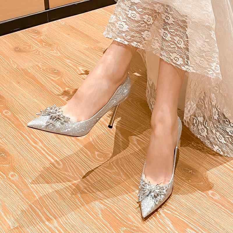 ハイヒール レディース ポインテッドトゥ ラインストーン シルバー 結婚式 ウエディング ブライダル パ..