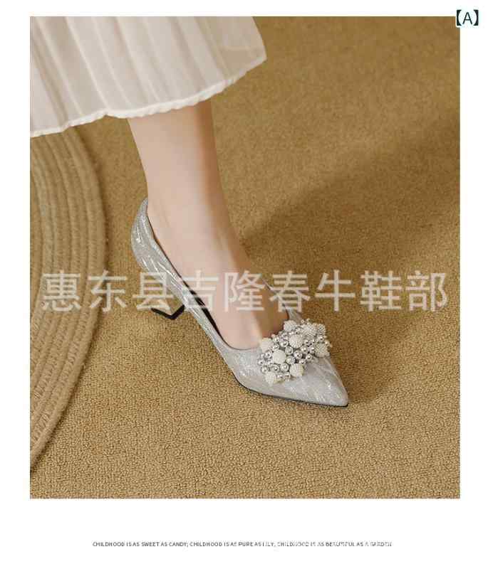 ウェディングシューズ レディース レース ポインテッドトゥ チャンキーヒール シルバー 結婚式 パーテ..