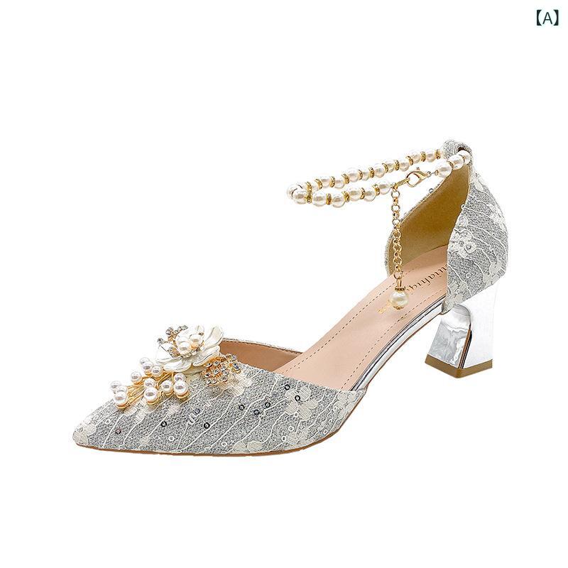 高跟靴 レディース シルバー 結婚式 パンプス ポインテッドトゥ ラインストーン チャンキーヒール ピン..