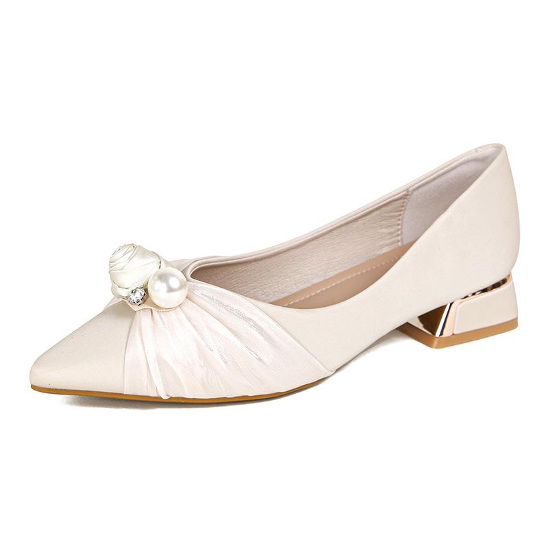 パンプス レディース ポインテッドトゥ 太ヒール ビジュー 花柄 春秋 ウェディングシューズ ブライダル..