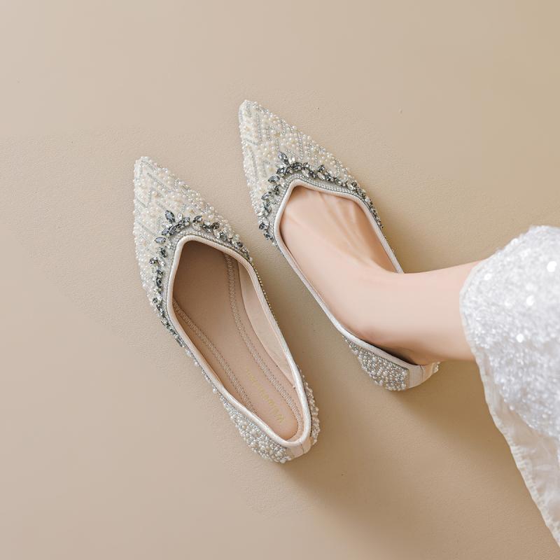 フラットシューズ レディース パンプス ポインテッドトゥ ラインストーン ぺたんこ ローヒール 歩きや..