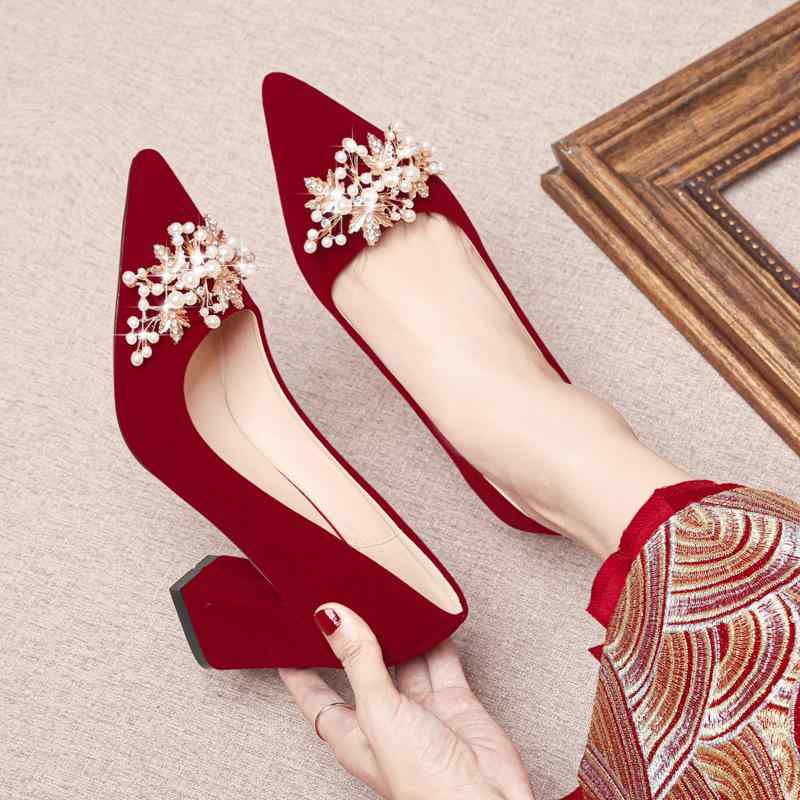 ウェディングシューズ レディース 太ヒール 結婚式 新婦 中華風 赤色 ウェディングドレス 2way ローヒ..