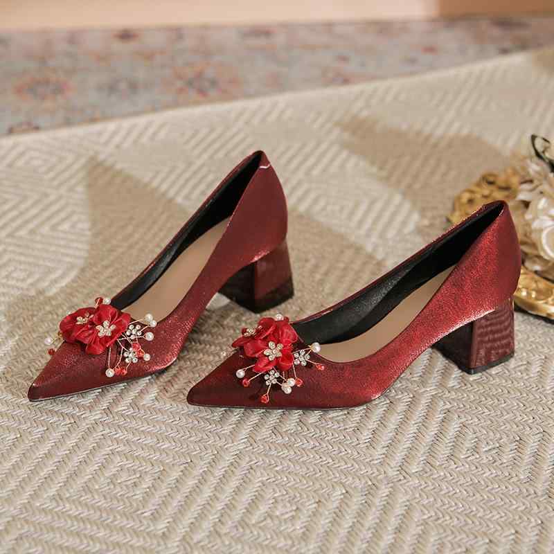 高跟パンプス レディース ウェディング ブライダル シューズ 花柄 ビジュー 3cm 5cm ヒール ポインテッ..