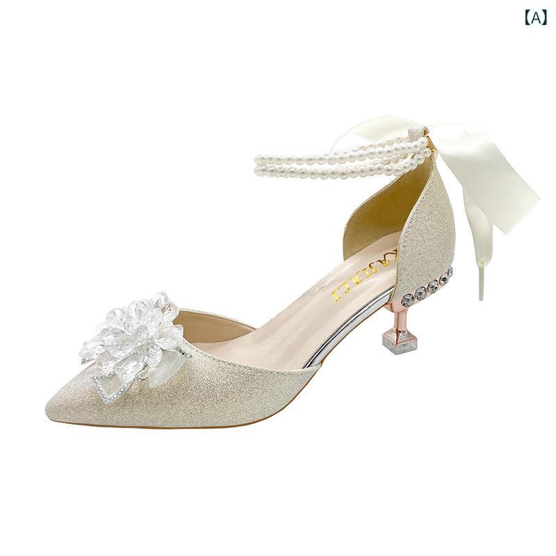 パンプス レディース ウェディングシューズ チャンキーヒール ポインテッドトゥ ラインストーン バック..