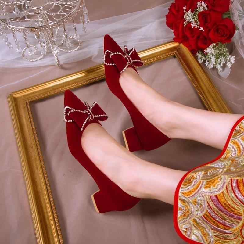ウェディング シューズ レディース ローヒール パンプス ポインテッドトゥ スリッポン ワインレッド ブ..