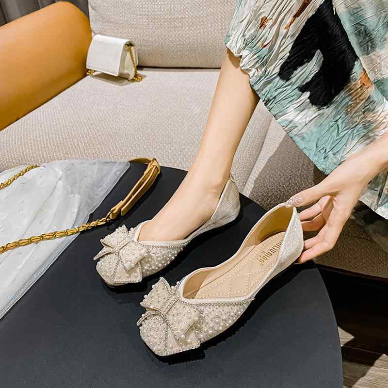 パンプス レディース フラット ローヒール スクエアトゥ ラインストーン バレエシューズ ぺたんこ 杏色..