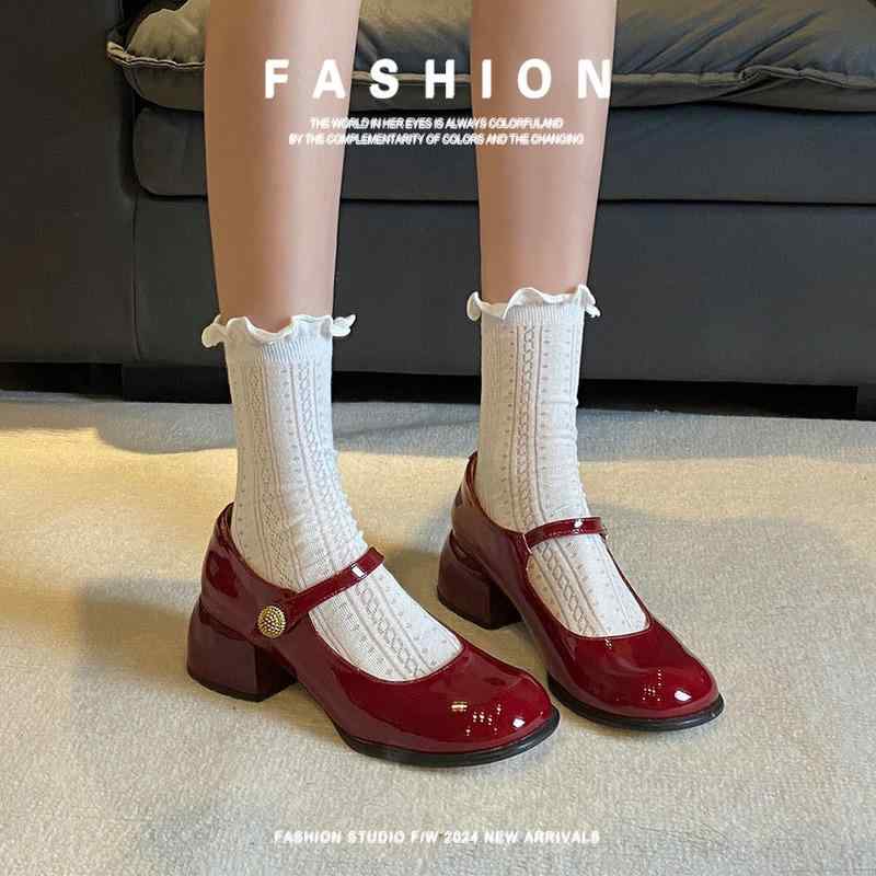 靴 レディース メリージェーン チャイナドレス シューズ 本革 丸頭 ミドルヒール 太ヒール チャンキー..