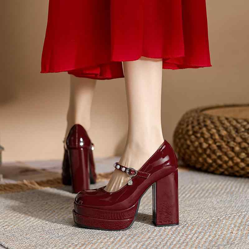 高跟パンプス レディース マリージェーン ラウンドトゥ 太ヒール 超ハイヒール 8cm以上 ラインストーン..