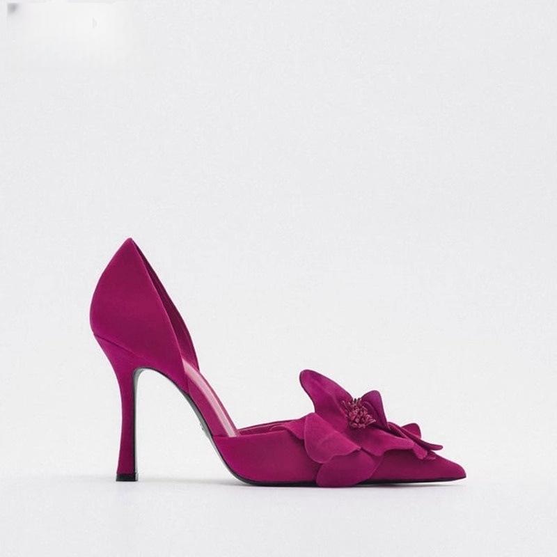 パンプス レディース 結婚式 ハイヒール ポインテッドトゥ 花柄 薔薇 バラ エレガント パーティー 二次..