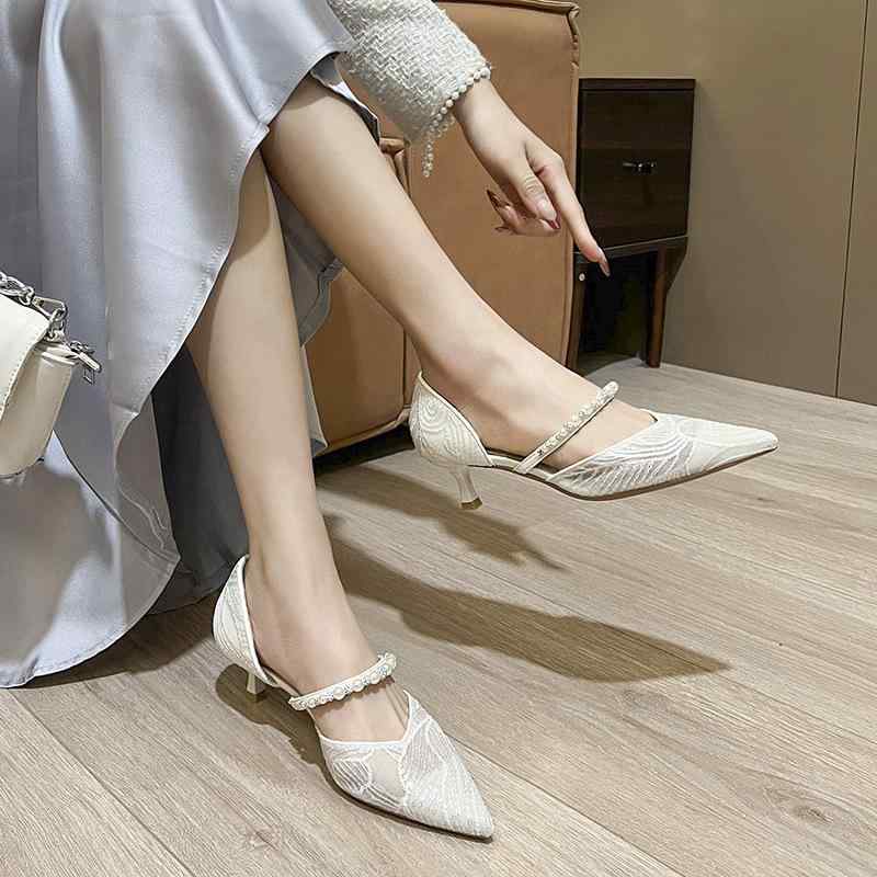 パンプス レディース 水钻 メッシュ ポインテッドトゥ ピンヒール ミドルヒール ウェディング ブライダ..