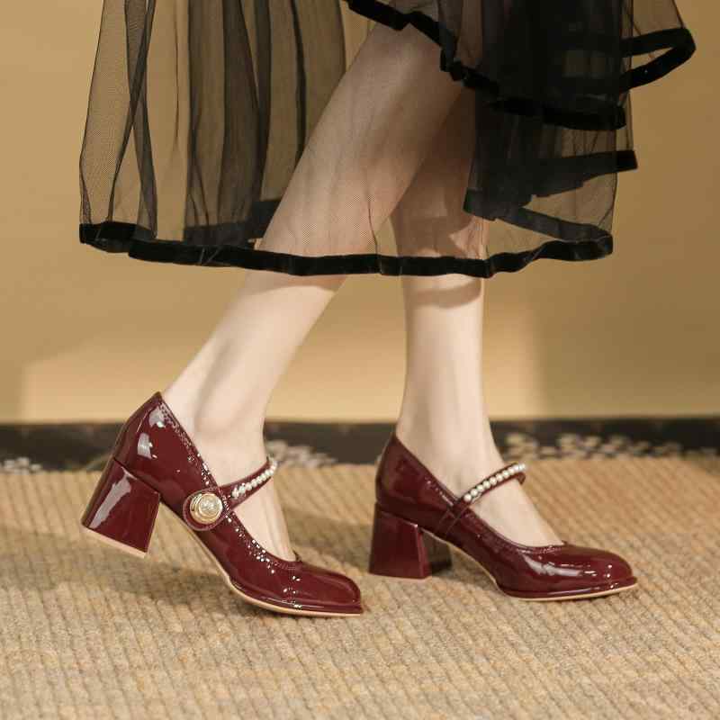 パンプス レディース メリージェーン ラウンドトゥ 太ヒール チャンキーヒール エナメル調 無地 スタン..