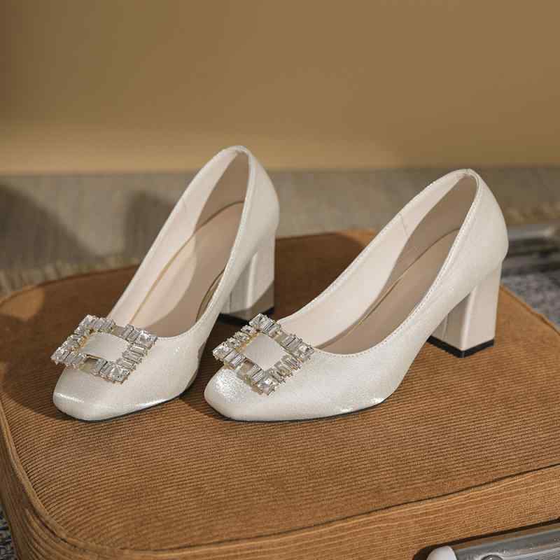 ハイヒール レディース 太ヒール パンプス 結婚式 パーティー シューズ スクエアトゥ チャンキーヒール..