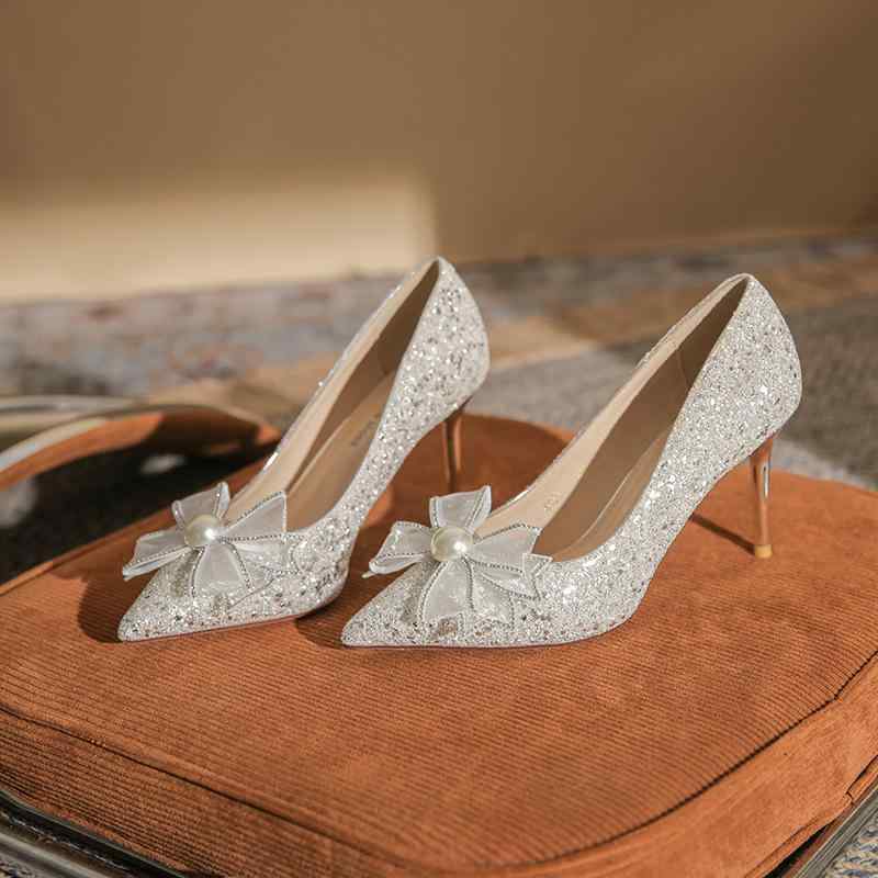 パンプス レディース ハイヒール ポインテッドトゥ 結婚式 パーティー シャンパンゴールド シルバー グ..