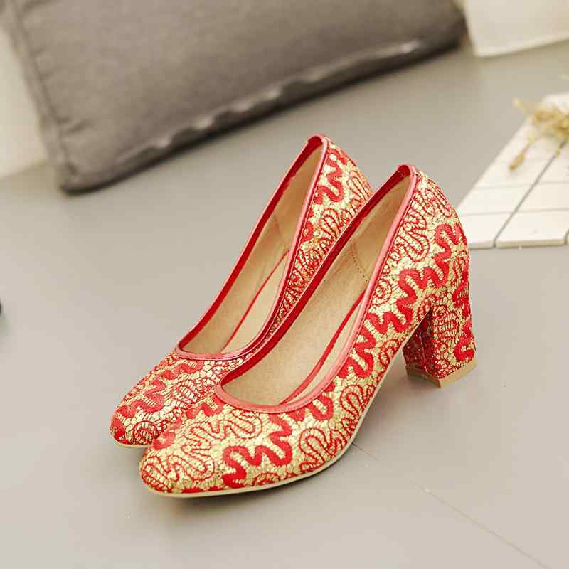 高跟パンプス レディース レース ウェディング シューズ ラウンドトゥ 太ヒール 中華風 チャイナドレス..